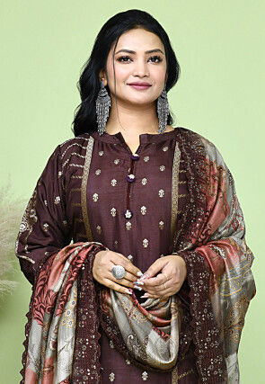 Woven Art Silk Jacquard Pakistani Suit in Brown