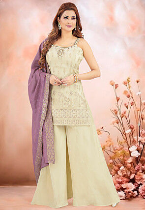 Woven Art Silk Jacquard Pakistani Suit in Cream