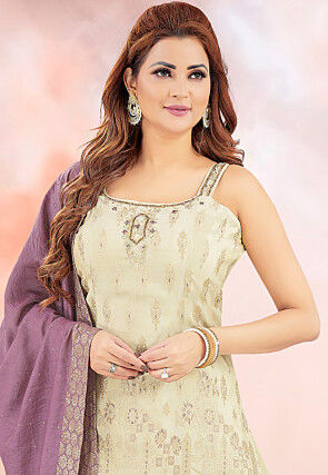 Woven Art Silk Jacquard Pakistani Suit in Cream