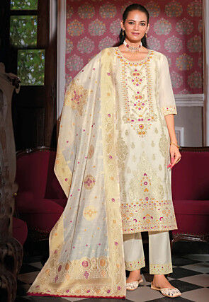Woven Art Silk Jacquard Pakistani Suit in Cream
