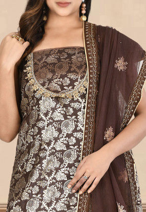 Woven Art Silk Jacquard Pakistani Suit in Dark Brown