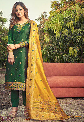 Woven Art Silk Jacquard Pakistani Suit in Dark Green