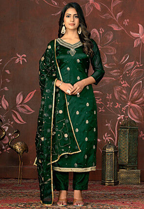 Woven Art Silk Jacquard Pakistani Suit in Dark Green