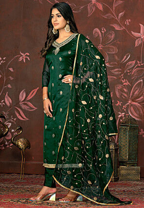 Woven Art Silk Jacquard Pakistani Suit in Dark Green