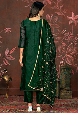 Woven Art Silk Jacquard Pakistani Suit in Dark Green