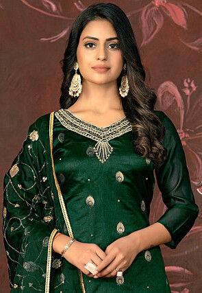 Woven Art Silk Jacquard Pakistani Suit in Dark Green