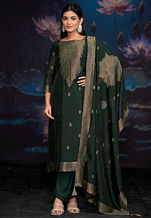 Woven Art Silk Jacquard Pakistani Suit in Dark Green