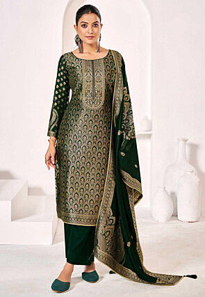 Woven Art Silk Jacquard Pakistani Suit in Dark Green