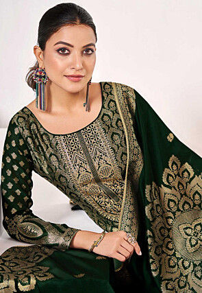 Woven Art Silk Jacquard Pakistani Suit in Dark Green