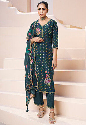 Woven Art Silk Jacquard Pakistani Suit in Dark Teal Blue