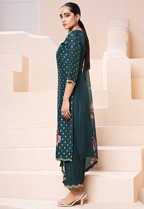 Woven Art Silk Jacquard Pakistani Suit in Dark Teal Blue