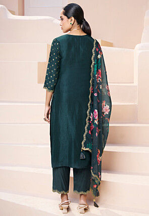Woven Art Silk Jacquard Pakistani Suit in Dark Teal Blue