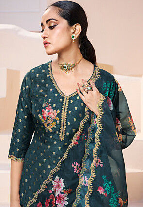 Woven Art Silk Jacquard Pakistani Suit in Dark Teal Blue