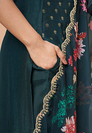 Woven Art Silk Jacquard Pakistani Suit in Dark Teal Blue