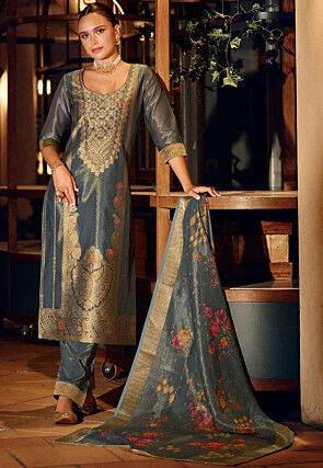 Woven Art Silk Jacquard Pakistani Suit in Dusty Blue