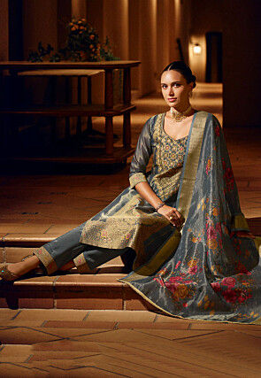 Woven Art Silk Jacquard Pakistani Suit in Dusty Blue