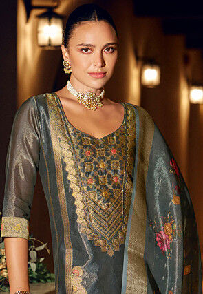 Woven Art Silk Jacquard Pakistani Suit in Dusty Blue