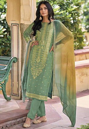 Woven Art Silk Jacquard Pakistani Suit in Dusty Green