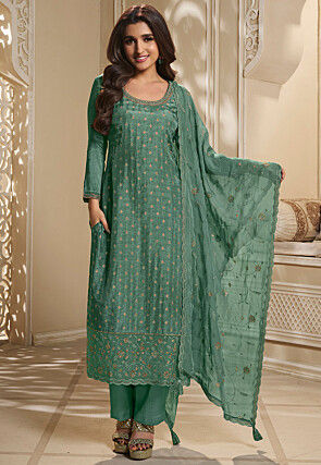 Woven Art Silk Jacquard Pakistani Suit in Dusty Green