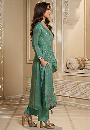 Woven Art Silk Jacquard Pakistani Suit in Dusty Green