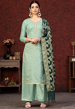 Woven Art Silk Jacquard Pakistani Suit in Dusty Green