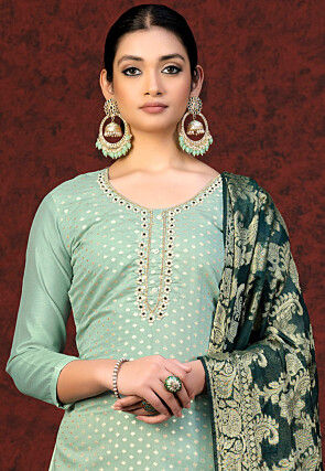 Woven Art Silk Jacquard Pakistani Suit in Dusty Green