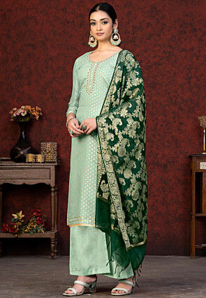 Woven Art Silk Jacquard Pakistani Suit in Dusty Green