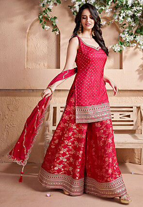 Woven Art Silk Jacquard Pakistani Suit in Fuchsia