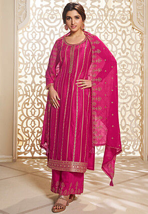Woven Art Silk Jacquard Pakistani Suit in Fuchsia
