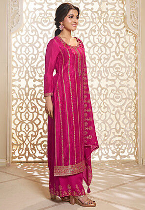 Woven Art Silk Jacquard Pakistani Suit in Fuchsia