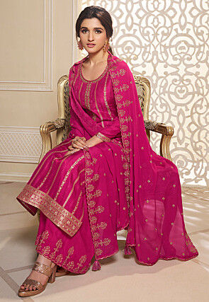 Woven Art Silk Jacquard Pakistani Suit in Fuchsia
