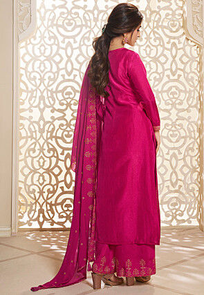 Woven Art Silk Jacquard Pakistani Suit in Fuchsia
