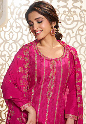 Woven Art Silk Jacquard Pakistani Suit in Fuchsia