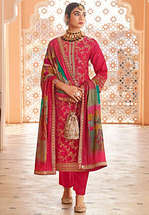 Woven Art Silk Jacquard Pakistani Suit in Fuchsia