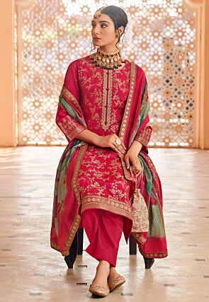 Woven Art Silk Jacquard Pakistani Suit in Fuchsia