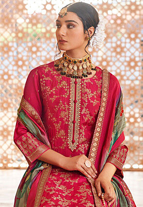 Woven Art Silk Jacquard Pakistani Suit in Fuchsia