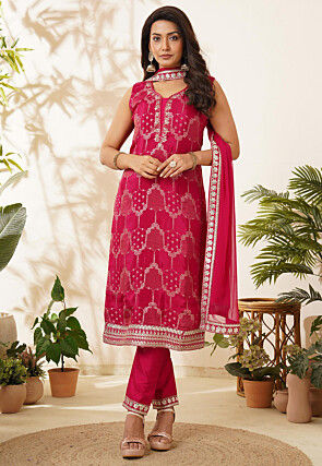 Woven Art Silk Jacquard Pakistani Suit in Fuchsia