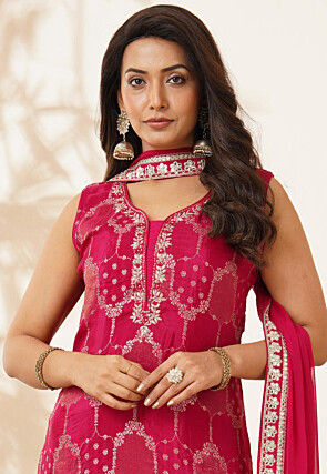 Woven Art Silk Jacquard Pakistani Suit in Fuchsia