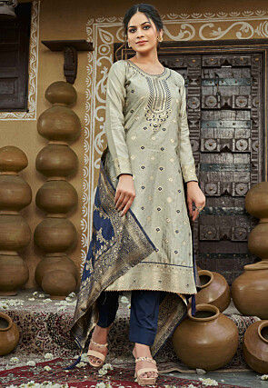 Buy Woven Art Silk Jacquard Pakistani Suit in Sea Green Online ...