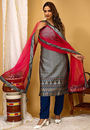 Woven Art Silk Jacquard Pakistani Suit in Grey
