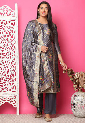 Woven Art Silk Jacquard Pakistani Suit in Grey