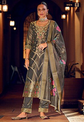 Woven Art Silk Jacquard Pakistani Suit in Grey