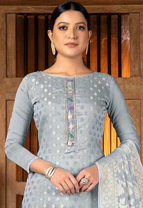 Woven Art Silk Jacquard Pakistani Suit in Grey