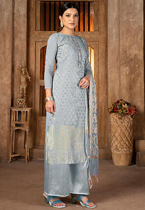 Woven Art Silk Jacquard Pakistani Suit in Grey