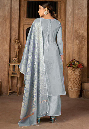 Woven Art Silk Jacquard Pakistani Suit in Grey