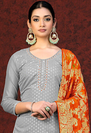 Woven Art Silk Jacquard Pakistani Suit in Grey