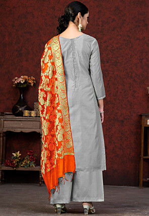 Woven Art Silk Jacquard Pakistani Suit in Grey