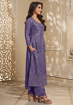 Woven Art Silk Jacquard Pakistani Suit in Indigo Blue