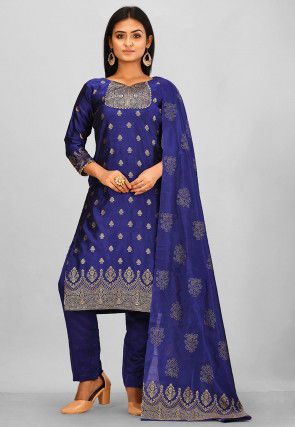 Woven Art Silk Jacquard Pakistani Suit in Indigo Blue