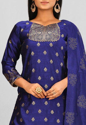 Woven Art Silk Jacquard Pakistani Suit in Indigo Blue